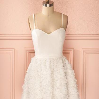 Little White Dress With 3d Rose Floral Skirt, Mini..