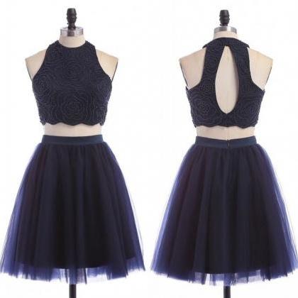 Two Pieces Navy Blue Homecoming Dress,graduation..