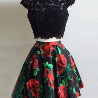Two Piece Prom Dress, A-line Bateau Cap Sleeves..