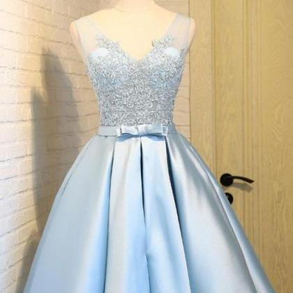 Light Blue Prom Dress, Appliques Prom Dress, Short..