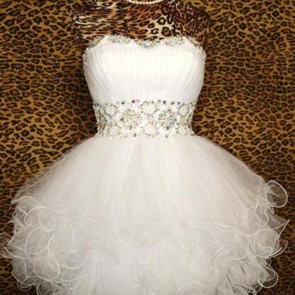 Sweetheart Beaded Ball Gown,tulle Short White Prom..