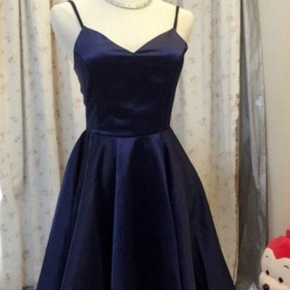 Navy Blue Satin Short Homecoming Dress, Mini Party..