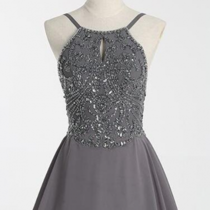 Gray Chiffon Beaded Short Homecoming Dress, Prom..