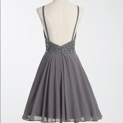 Gray Chiffon Beaded Short Homecoming Dress, Prom..