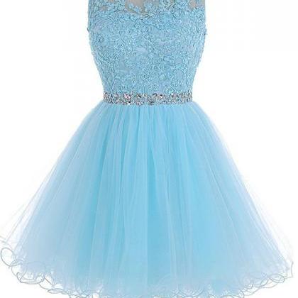 Short Blue Zipper-up Tulle Homecoming Dress,prom..
