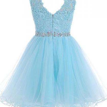 Short Blue Zipper-up Tulle Homecoming Dress,prom..