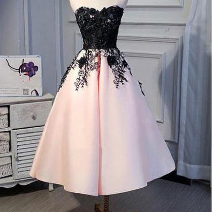 Pearl Pink Tea Length Satin With Black Lace..