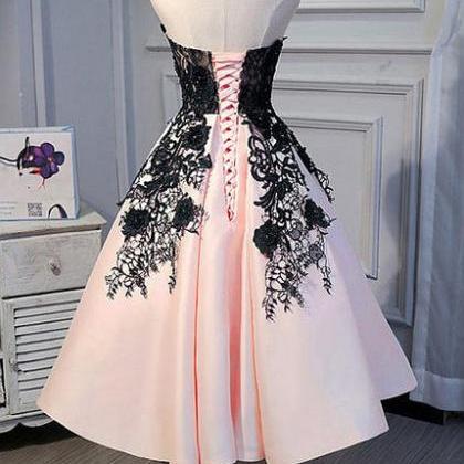 Pearl Pink Tea Length Satin With Black Lace..