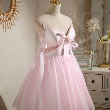 Pink Tule Prom Dresses, Beaded Short Formal..