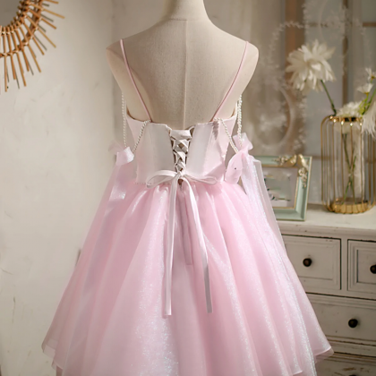 Pink Tule Prom Dresses, Beaded Short Formal..