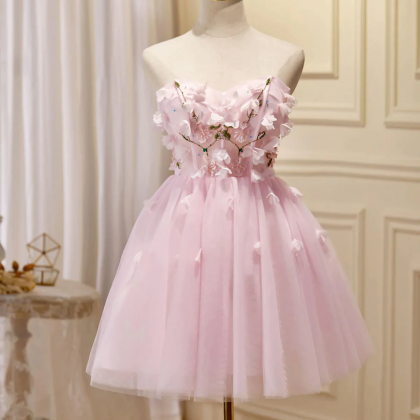 Pink Floral Prom Dresses, Short Tule Formal..