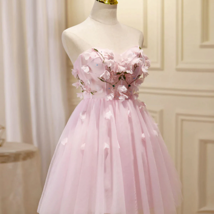 Pink Floral Prom Dresses, Short Tule Formal..