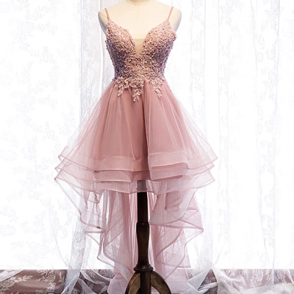 Pink Lace Prom Dresses, High Low Formal Graduation..