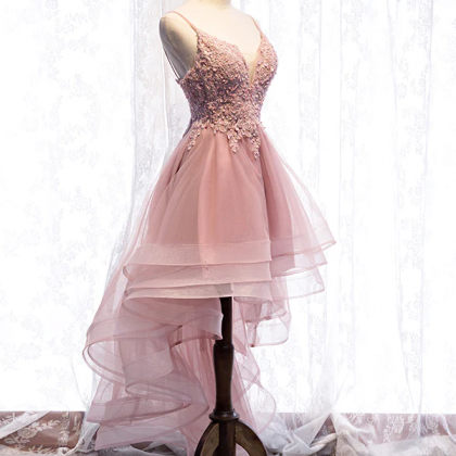Pink Lace Prom Dresses, High Low Formal Graduation..