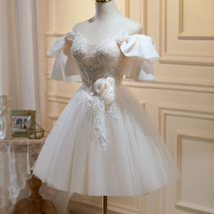 Mini/short Beige Prom Dresses, Beige Tulle Lace..