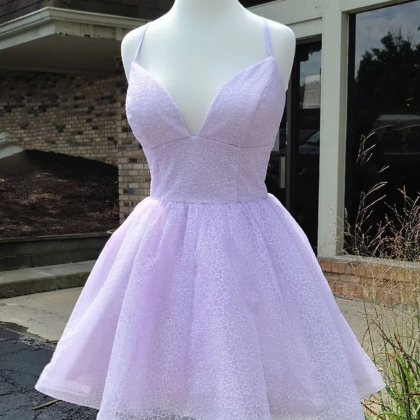 Short V Neck Shiny Purple Prom Dresses, Shiny V..