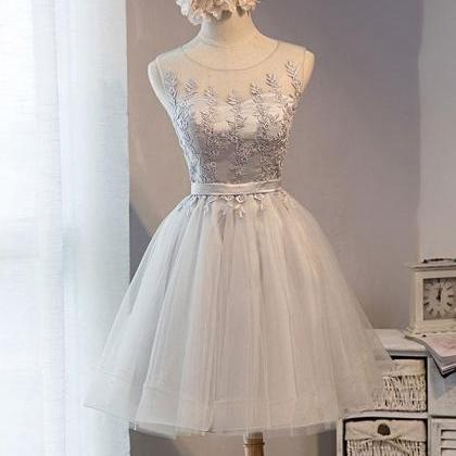 Cute Gray Lace Tulle Short Prom Dress, Homecoming..