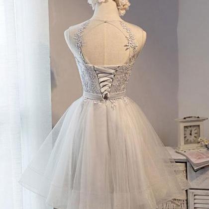 Cute Gray Lace Tulle Short Prom Dress, Homecoming..