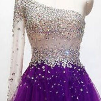 One-shoulder Long Sleeve Crystal Beaded Tulle..