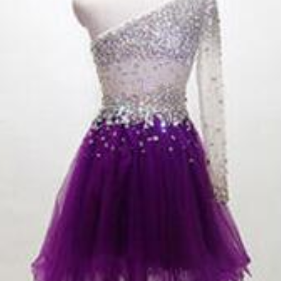 One-shoulder Long Sleeve Crystal Beaded Tulle..