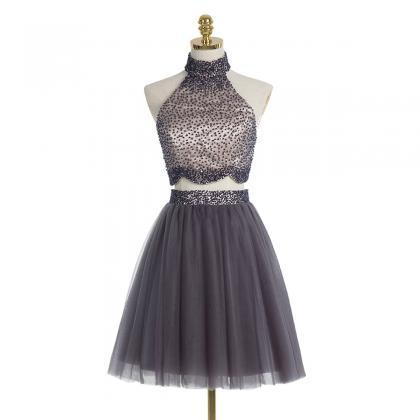 Gray High Neck Two Piece Prom Dresses, Allover..