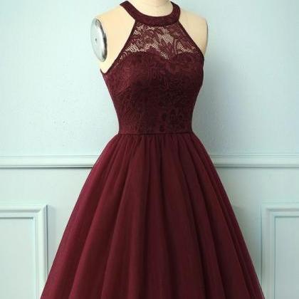 Burgundy Bridesmaid Dress, Lace Short Homecoming..