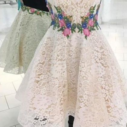 White Round Neck Lace Short Prom Dress, Lace..