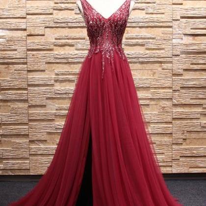 Burgundy Tulle Beaded Sequins Long Evening..