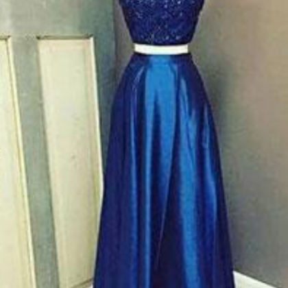 Royal Blue High Neck Beaded Long Prom Dress,two..