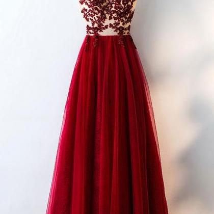 Burgundy Tulle Lace Applique Long Prom Dress,cap..