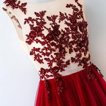 Burgundy Tulle Lace Applique Long Prom Dress,cap..