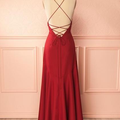 Red Cami V-neck Ruffled A-line Long Evening Dress,..