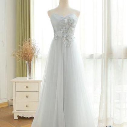 Gray Sweetheart Applique Long Prom Dress,tulle..