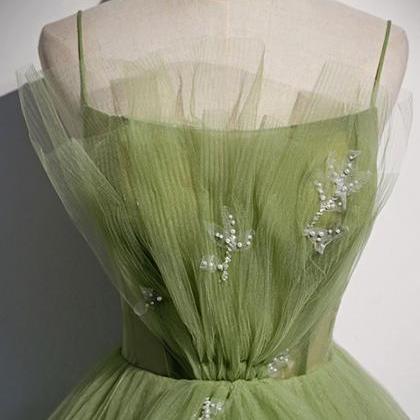 Green Tulle Long Prom Dress ,strapless Tulle..