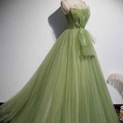 Green Tulle Long Prom Dress ,strapless Tulle..