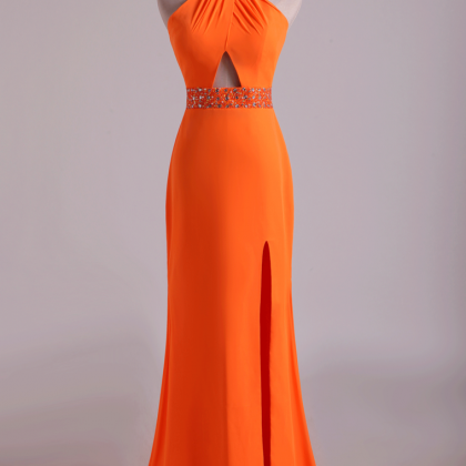 Prom Dresses Halter Sheath Chiffon With Beads And..