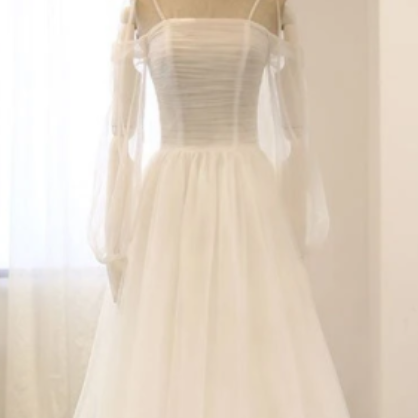 Simple White Long Prom Dress, Tulle Bridesmaid..