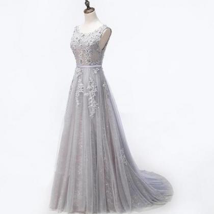 Elegant Lace Beaded Round Neckline Formal Prom..