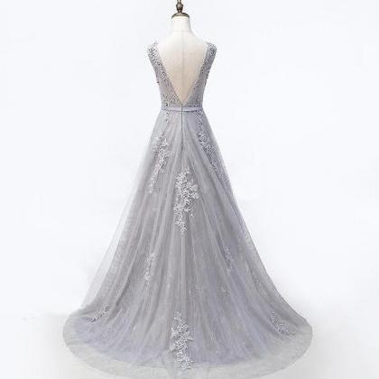 Elegant Lace Beaded Round Neckline Formal Prom..
