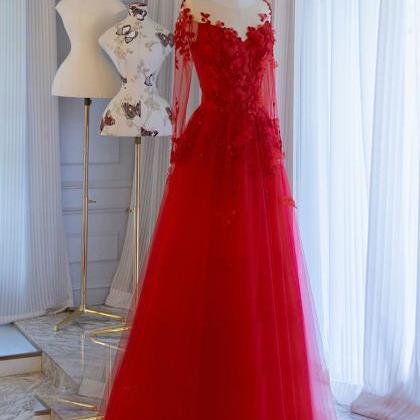 Elegant Round Neck Tulle Lace Formal Prom Dress,..