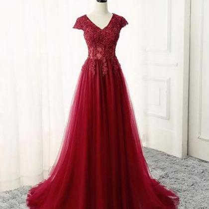 Elegant A Line V Neck Lace Formal Prom Dress,..