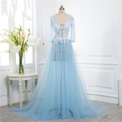 Elegant Long Sleeve A-line Lace Formal Prom Dress,..