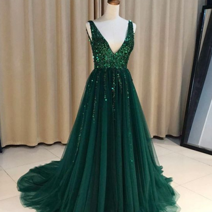 Strapless Green Sequins Tulle Long A Line Beaded Prom Dress, Formal Dress