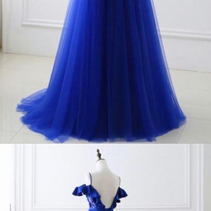 Designer Long A-line Off-the-shoulder Lace Long Sleeve Tulle Prom Dress With Slit main image 1