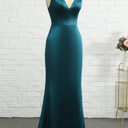 Long Mermaid V-neck Satin Formal Graduation Prom Dresses with Slit main image 0