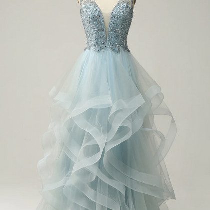Elegant V Neck Tulle Formal Prom Dress, Beautiful..