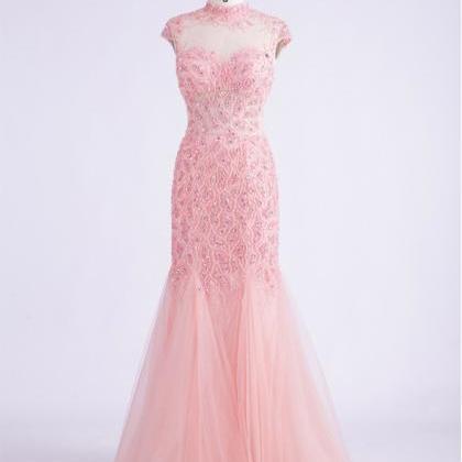 Elegant High Neck Mermaid Tulle Formal Prom Dress,..