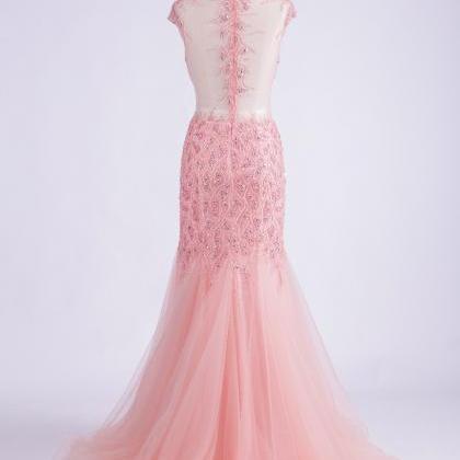 Elegant High Neck Mermaid Tulle Formal Prom Dress,..