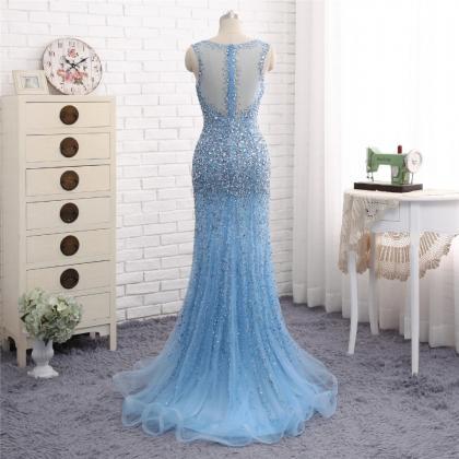 Elegant Mermaid Beaded Tulle Formal Prom Dress,..