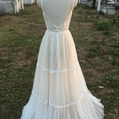 Elegant Tulle V-neckline Straps Formal Prom Dress,..